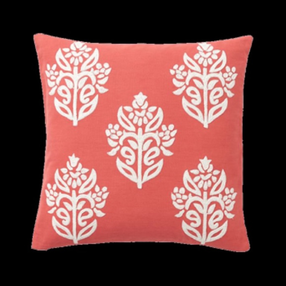 Pottery Barn Kyla Embroidered Pillow Cover, 18" Coral/Ivory